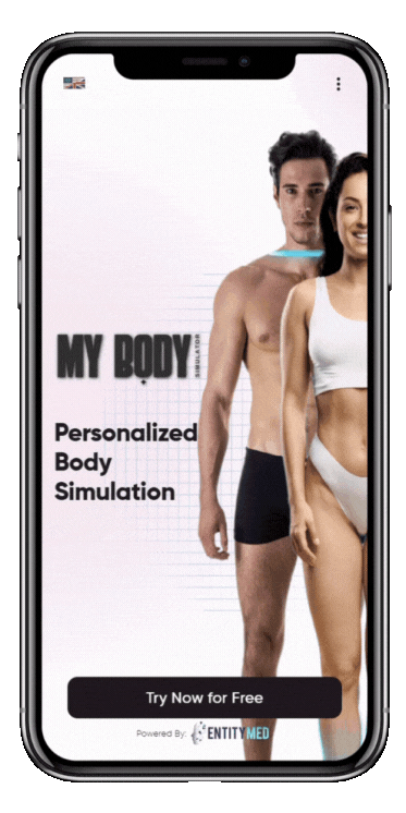 MY BODY app interface showing personalized body simulation features and AI-powered transformation preview